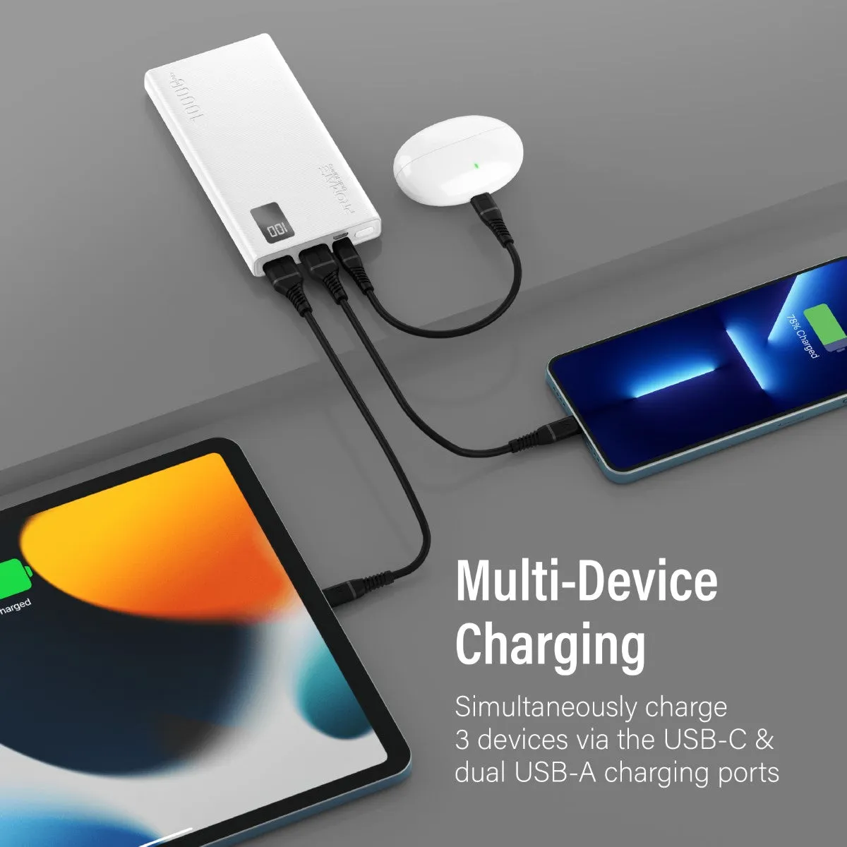 10000mAh Compact Smart Charging Power Bank with Dual USB-A & USB-C Output