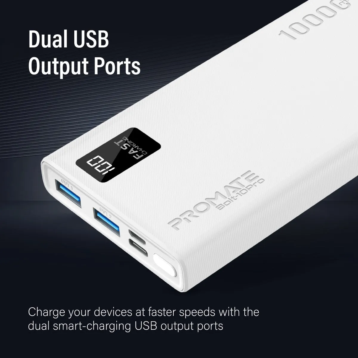 10000mAh Compact Smart Charging Power Bank with Dual USB-A & USB-C Output