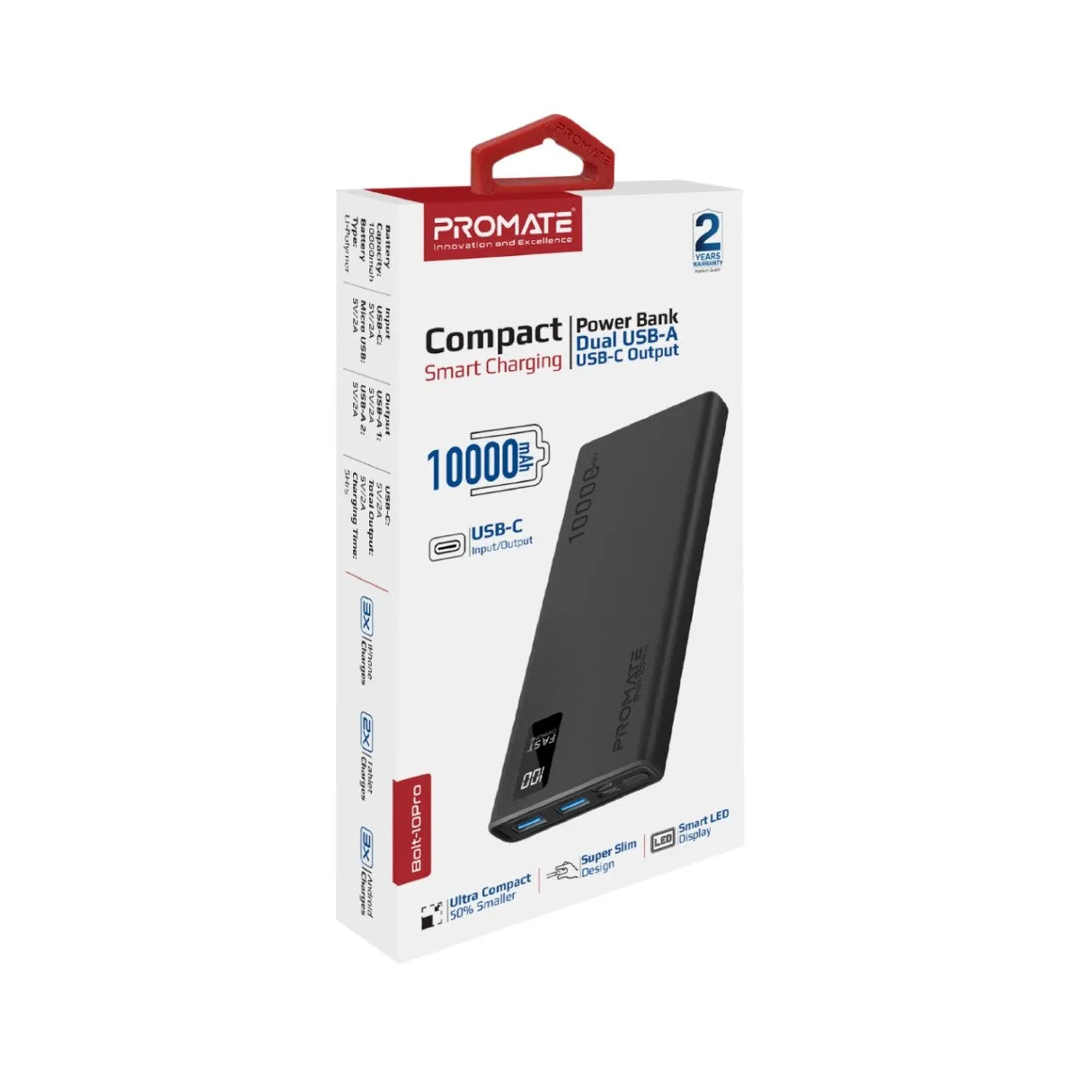 10000mAh Compact Smart Charging Power Bank with Dual USB-A & USB-C Output