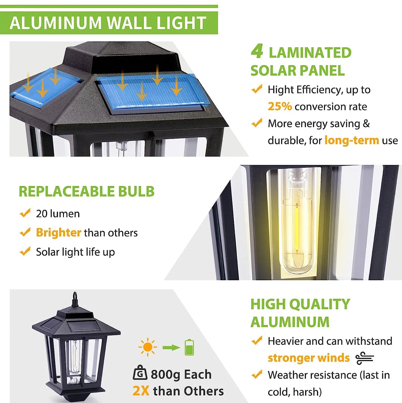 2 Pack SmartYard Solar Aluminum Wall Hanging Lanterns with Replaceable Bulb, 4 Solar Panels,Anti-Rust