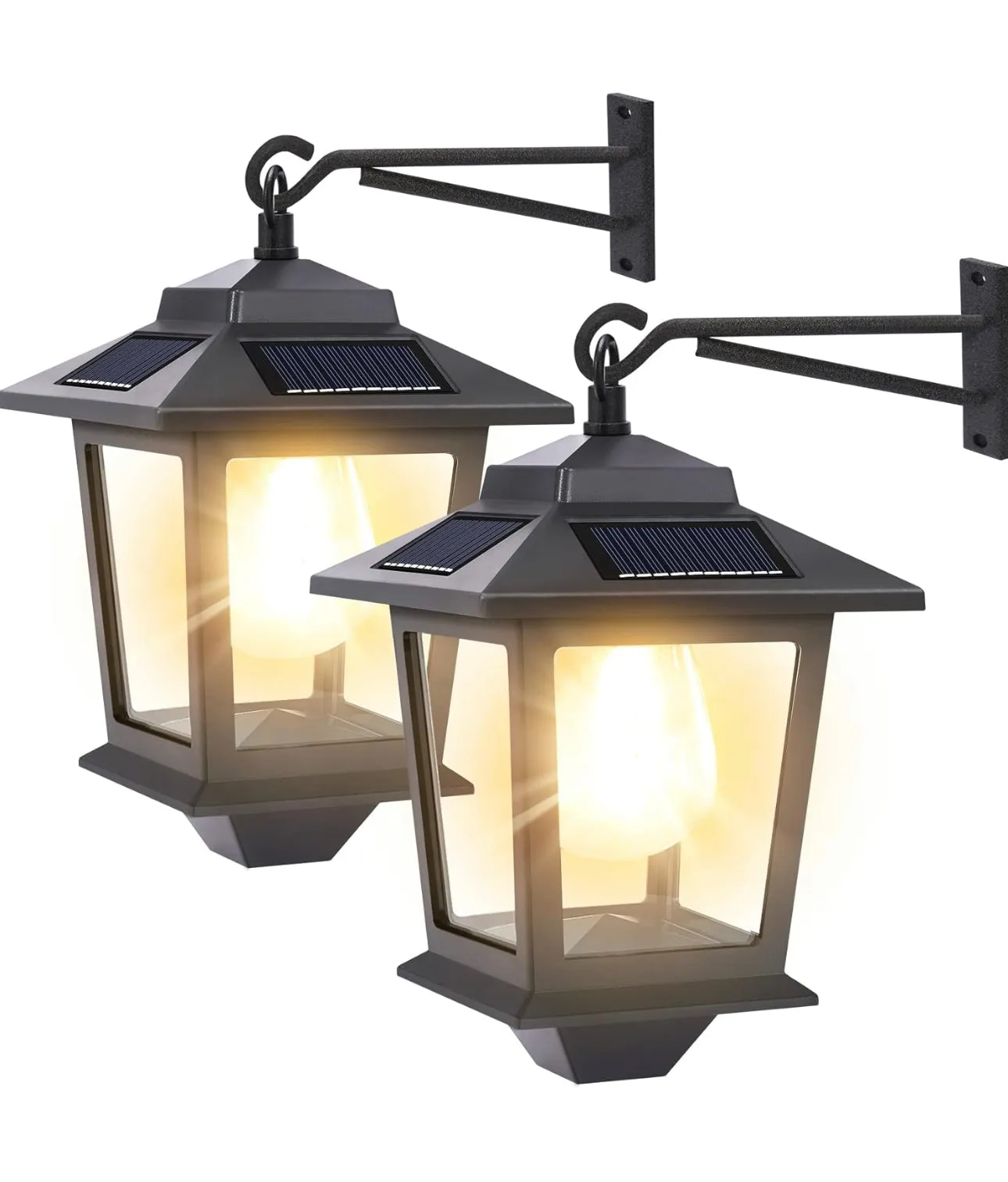 2 Pack SmartYard Solar Aluminum Wall Hanging Lanterns with Replaceable Bulb, 4 Solar Panels,Anti-Rust