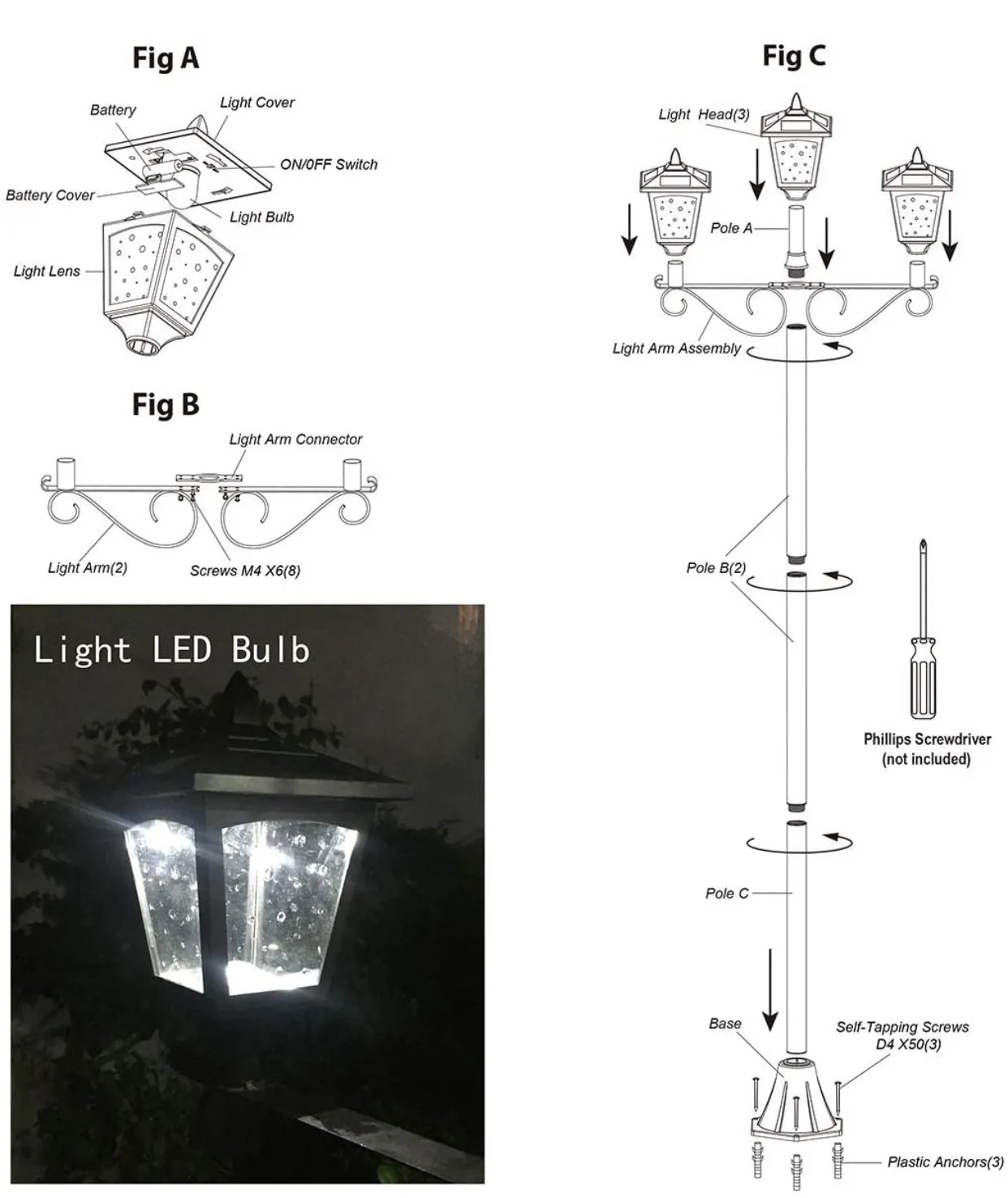 3 Fixture Outdoor Solar LED Lamp Post With 50 Lumen - 72Inch