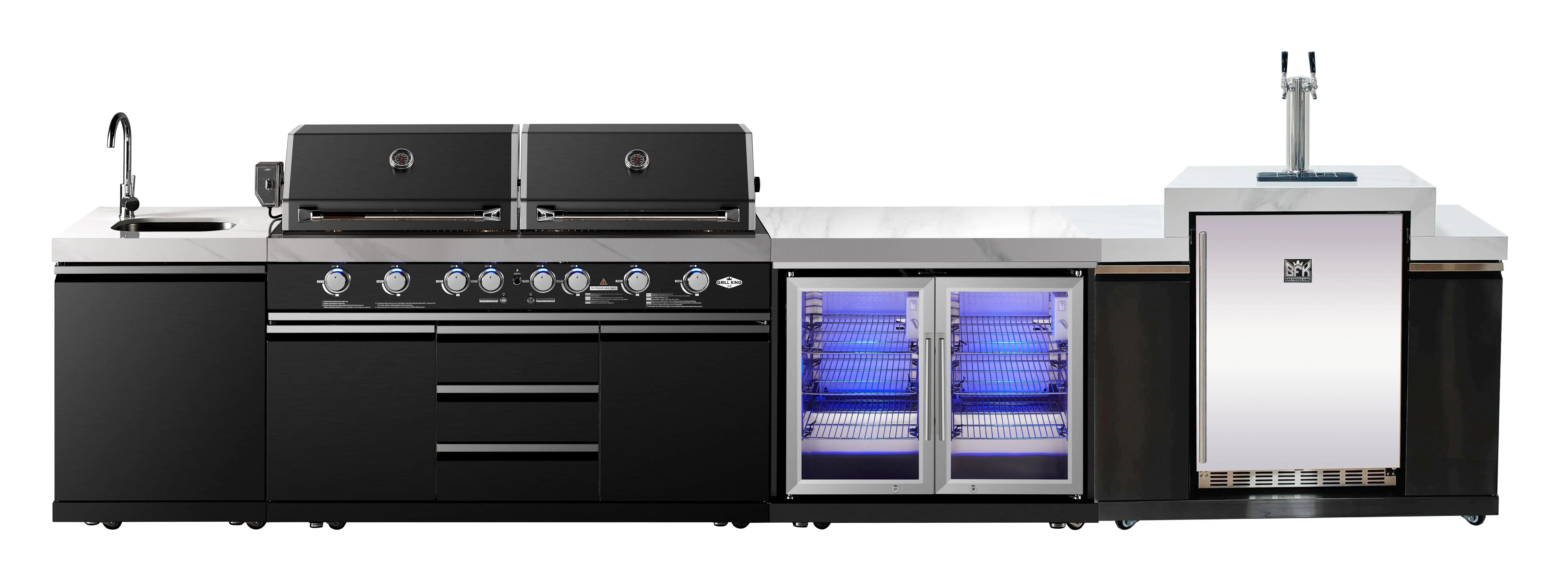 3.63M Element Twin Hood 8-Burner Outdoor BBQ Kitchen   188L Kegerator   Wok Module : Graphite Stainless Steel, Stone Bench, Fridge, Sink, Height Adjustable, Rotisserie with BBQ Cover