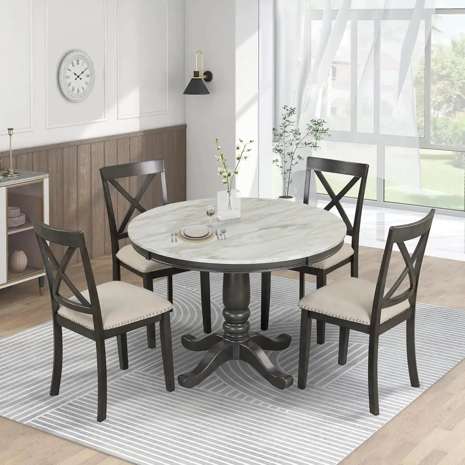 5-Piece Farmhouse Dining Table Set Wood Round Extendable Dining Table and 4 Upholstered Dining Chairs