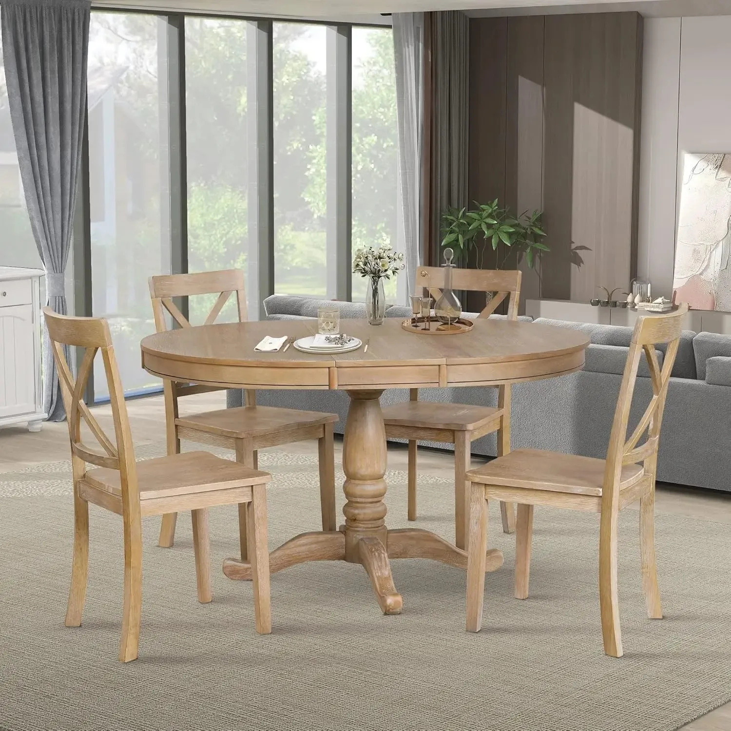 5-Piece Farmhouse Dining Table Set Wood Round Extendable Dining Table and 4 Upholstered Dining Chairs