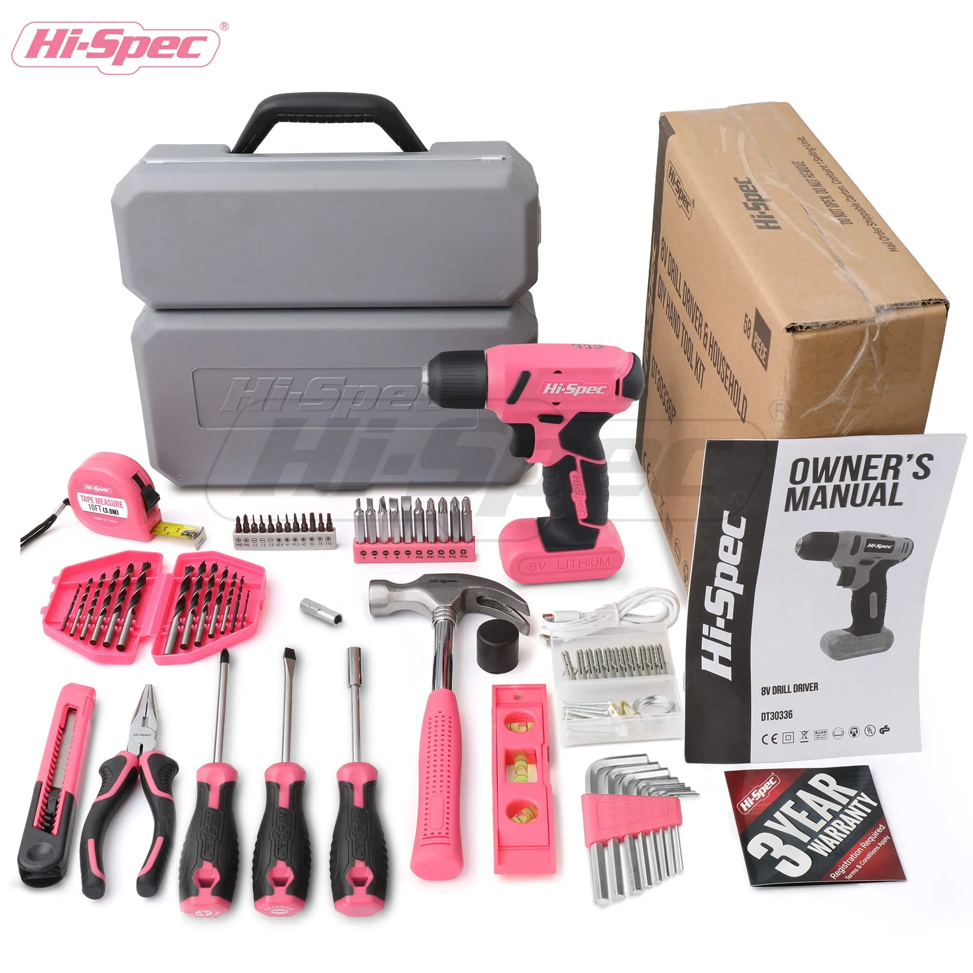 58pc Pink 8V Compact Electric Drill Driver & All-Purpose Household Tool Kit Set in a Carry Case