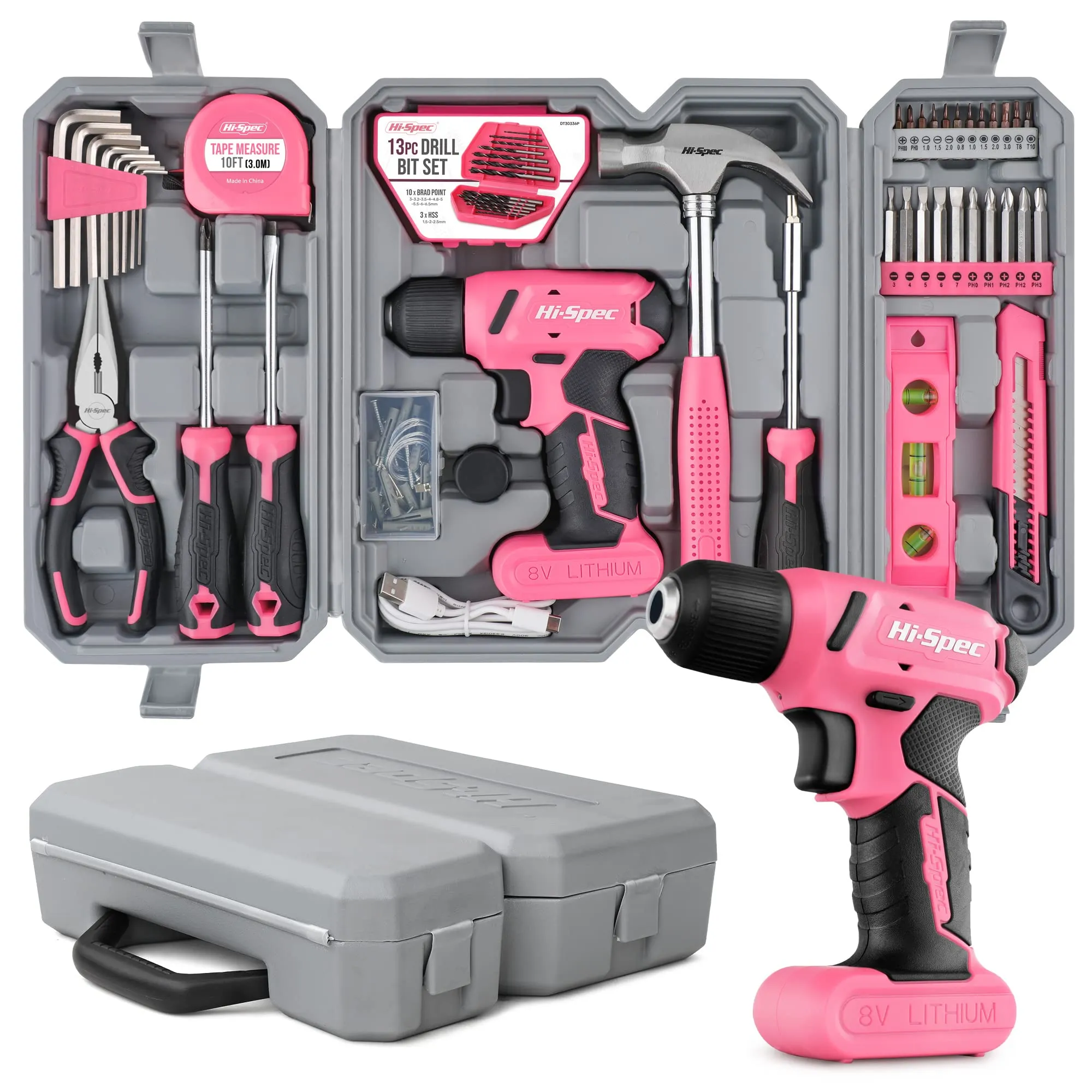 58pc Pink 8V Compact Electric Drill Driver & All-Purpose Household Tool Kit Set in a Carry Case