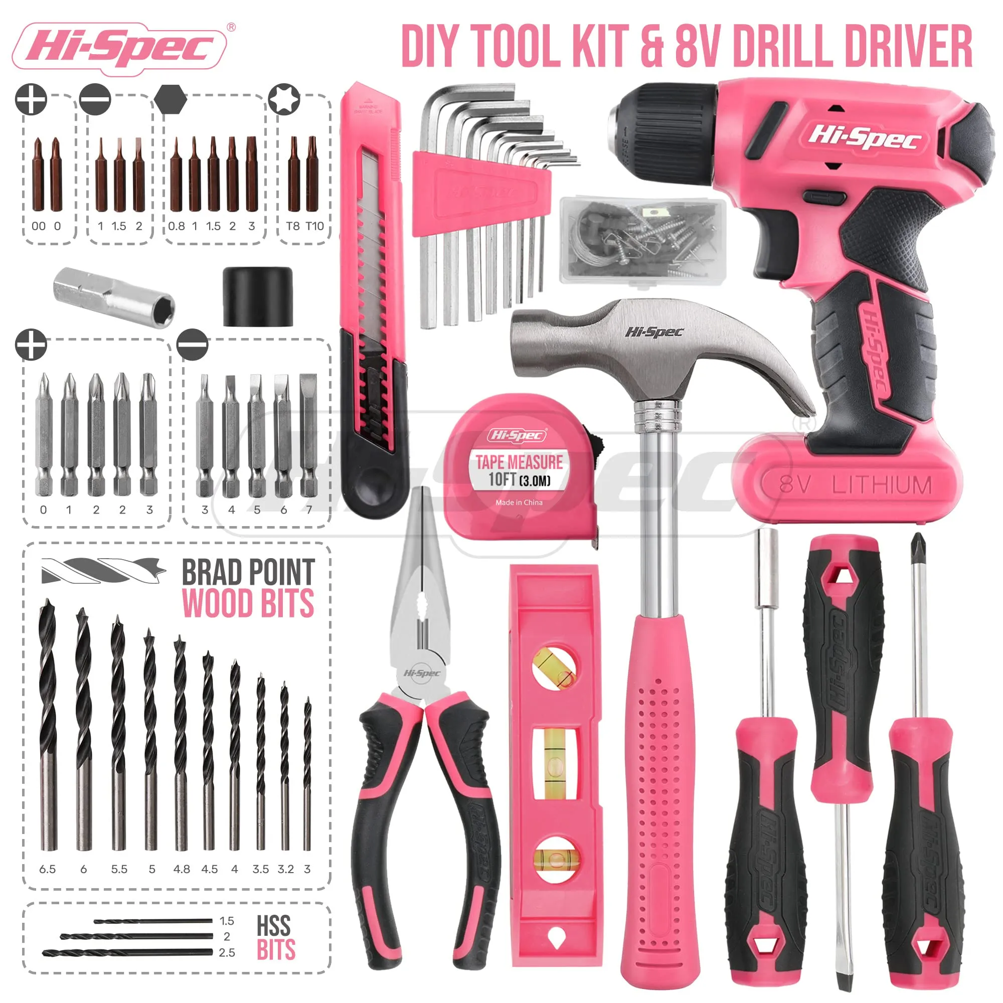 58pc Pink 8V Compact Electric Drill Driver & All-Purpose Household Tool Kit Set in a Carry Case