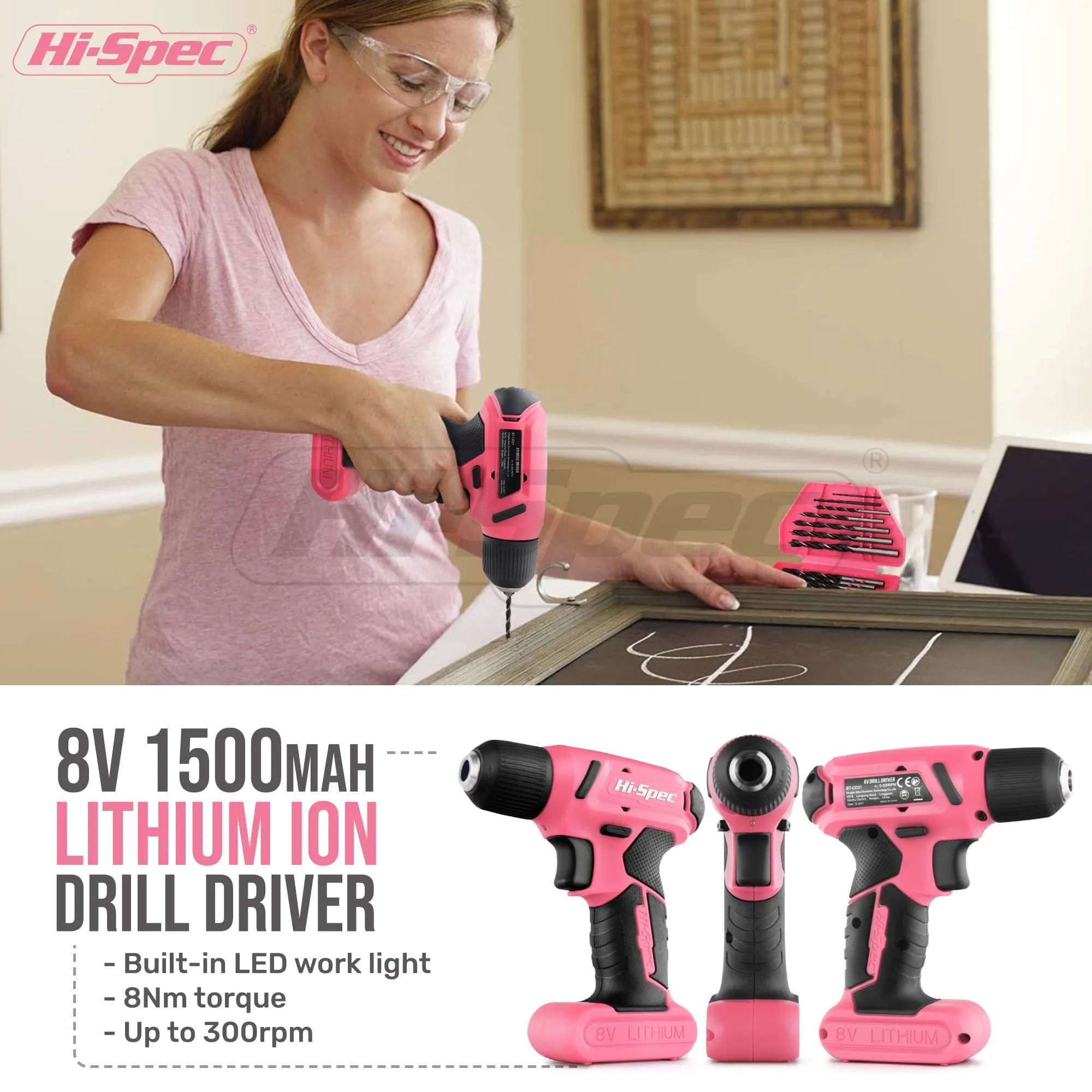 58pc Pink 8V Compact Electric Drill Driver & All-Purpose Household Tool Kit Set in a Carry Case