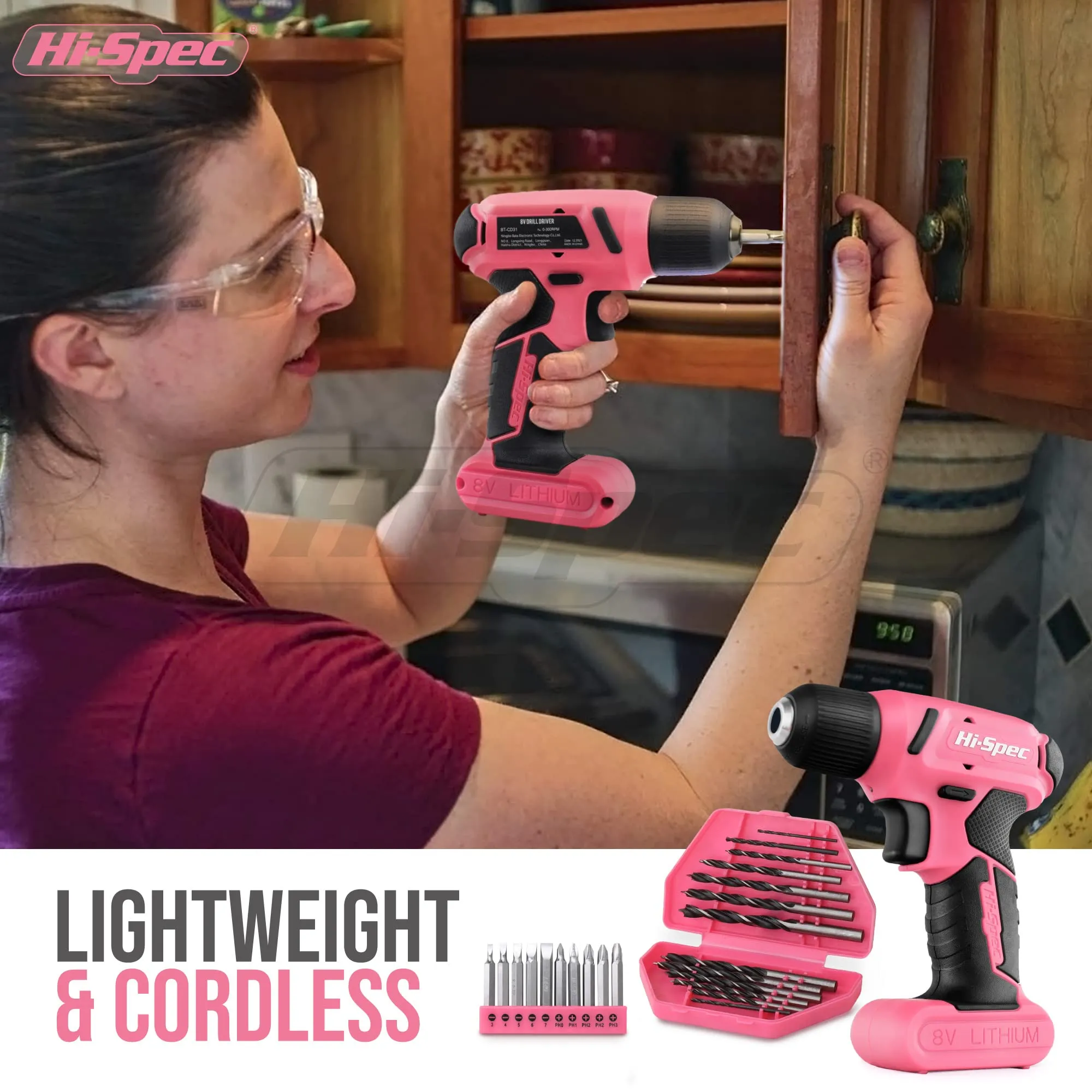 58pc Pink 8V Compact Electric Drill Driver & All-Purpose Household Tool Kit Set in a Carry Case