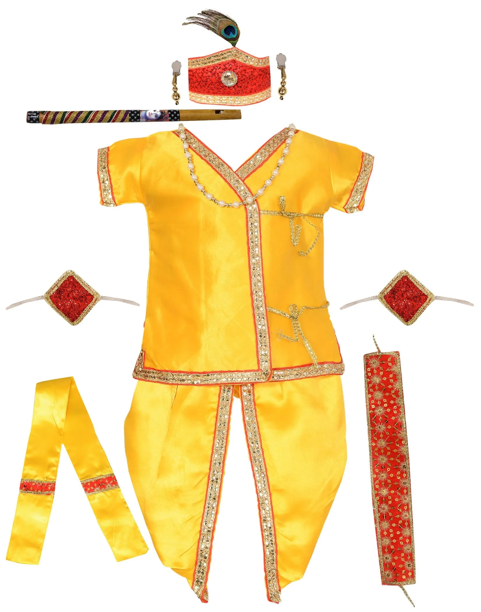 Ahhaaaa Satin Yellow Platinum Krishna Dress Kurta Dhoti with Accessories for Boys