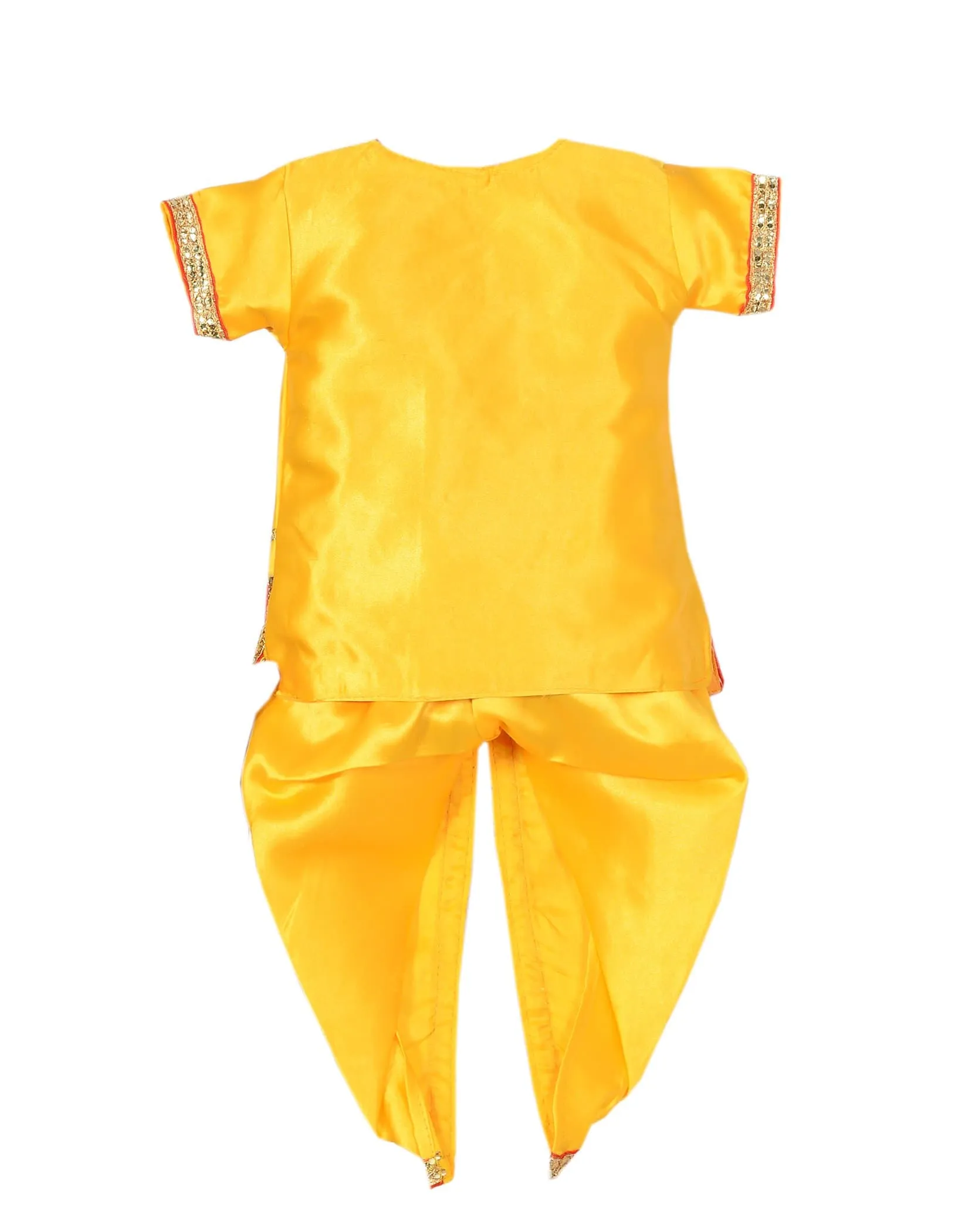 Ahhaaaa Satin Yellow Platinum Krishna Dress Kurta Dhoti with Accessories for Boys