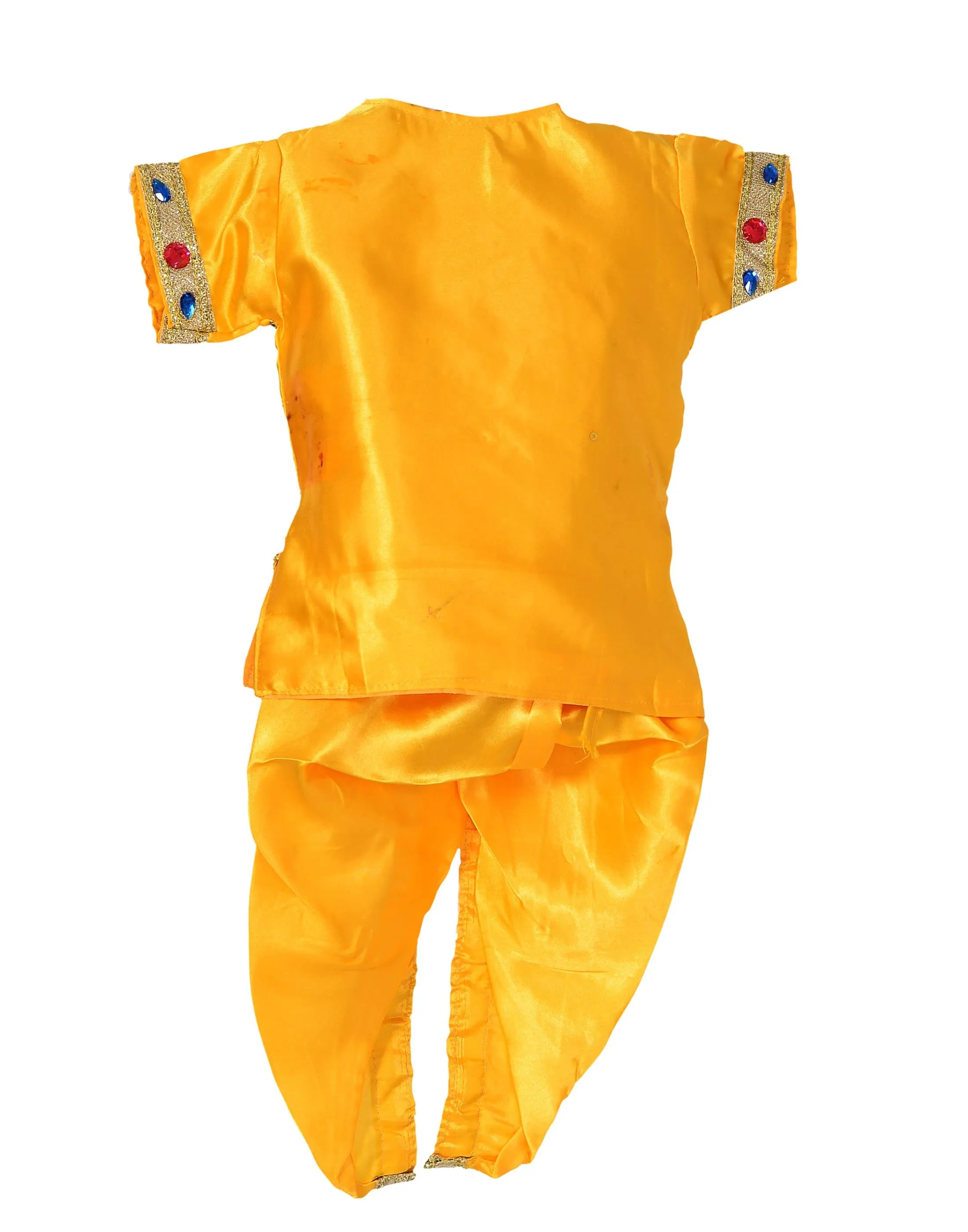 Ahhaaaa Satin Yellow Platinum Krishna Dress Kurta Dhoti with Accessories for Boys