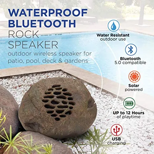 Alpine Corporation Weather-resistant Bluetooth Solar-Powered Outdoor Wireless Rock Speaker – Set of 2, Brown