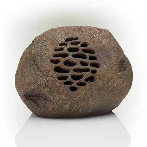 Alpine Corporation Weather-resistant Bluetooth Solar-Powered Outdoor Wireless Rock Speaker – Set of 2, Brown