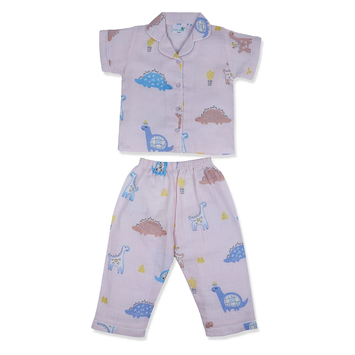 Baby Moo Dino Discovery Half Sleeves Muslin Shirt And Pyjama Night Suit - Pink