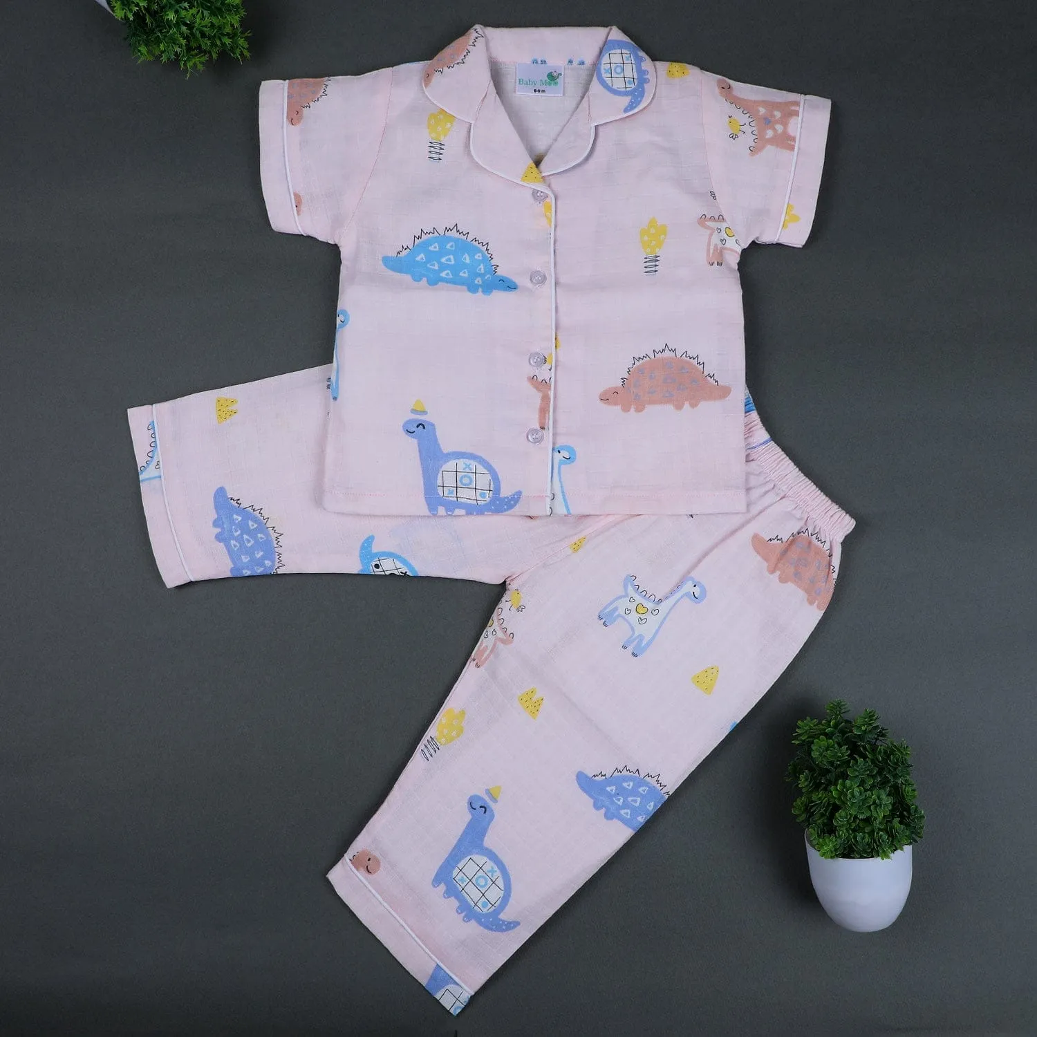 Baby Moo Dino Discovery Half Sleeves Muslin Shirt And Pyjama Night Suit - Pink