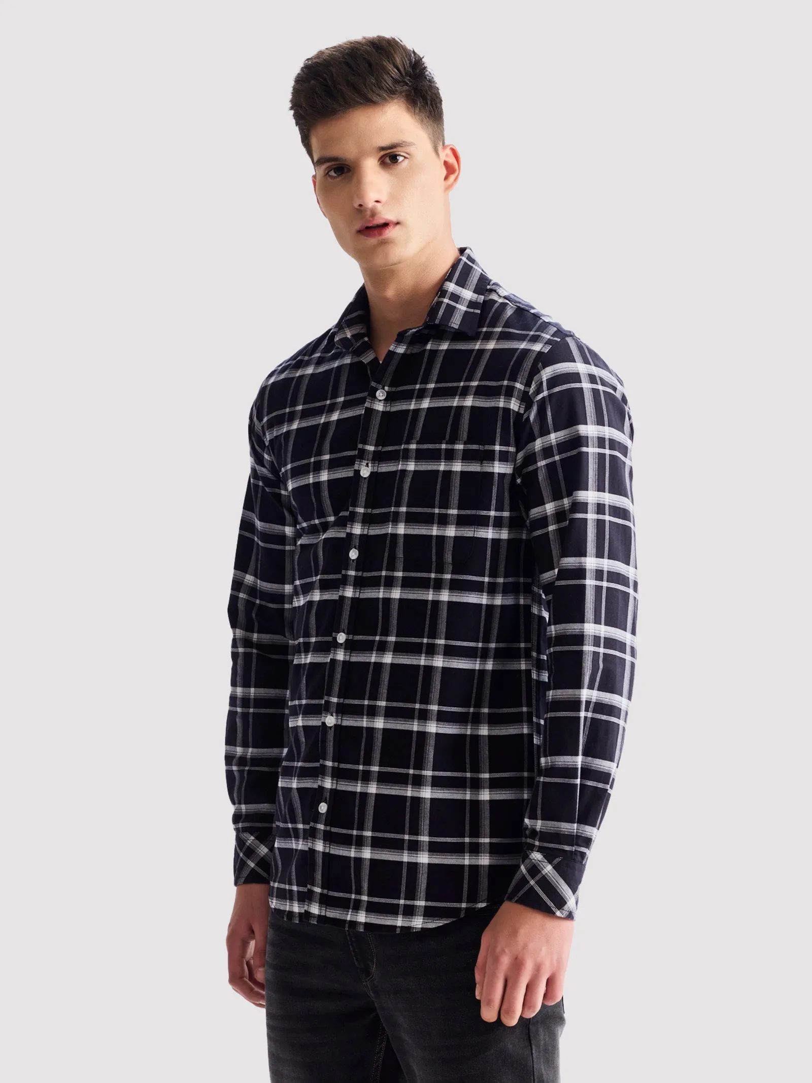 Black Pure Cotton Checked Shirt