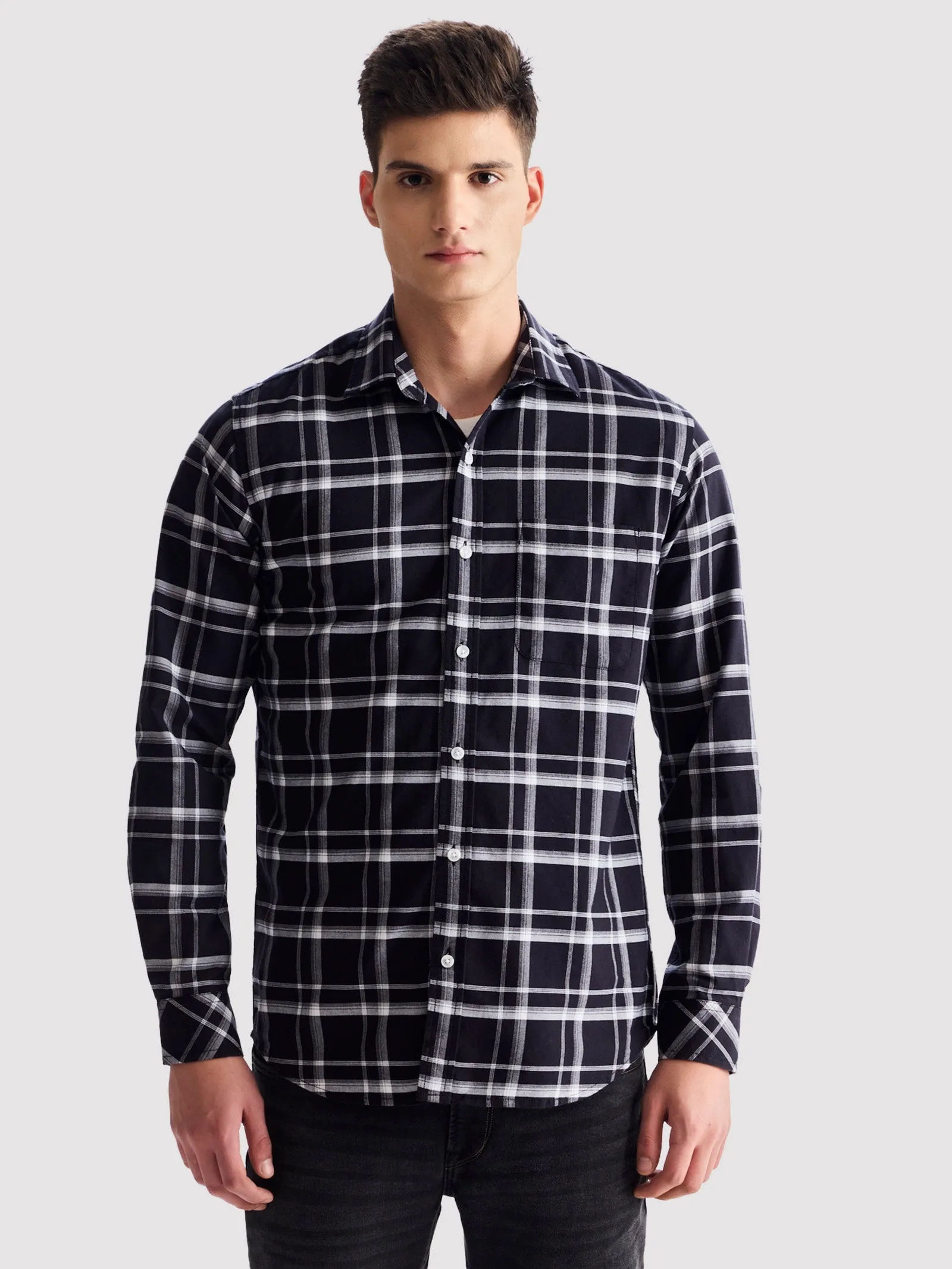 Black Pure Cotton Checked Shirt