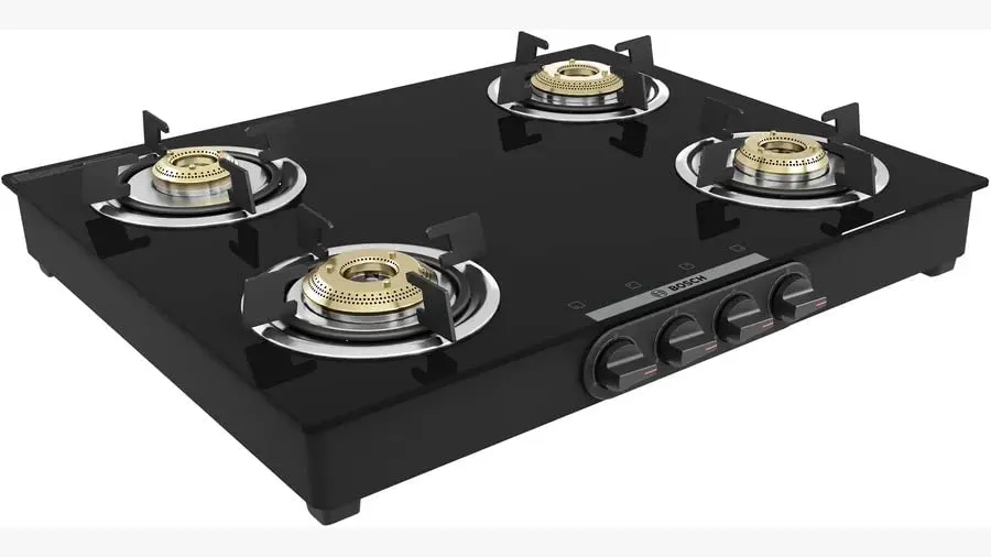 Bosch Series 4 Tabletop Black Glass Gas hob 60 cm 4 Burner (PNP0E6V10I),Manual Ignition,Safety, Reliability, High Efficiency