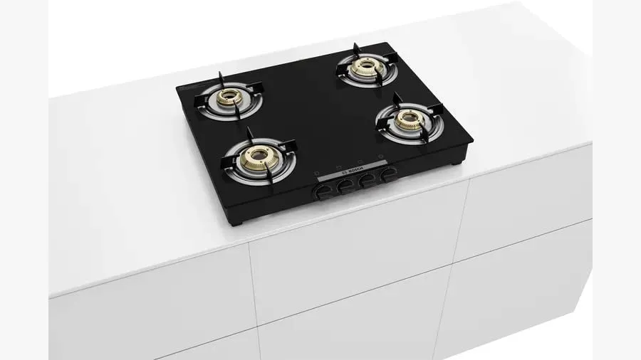 Bosch Series 4 Tabletop Black Glass Gas hob 60 cm 4 Burner (PNP0E6V10I),Manual Ignition,Safety, Reliability, High Efficiency