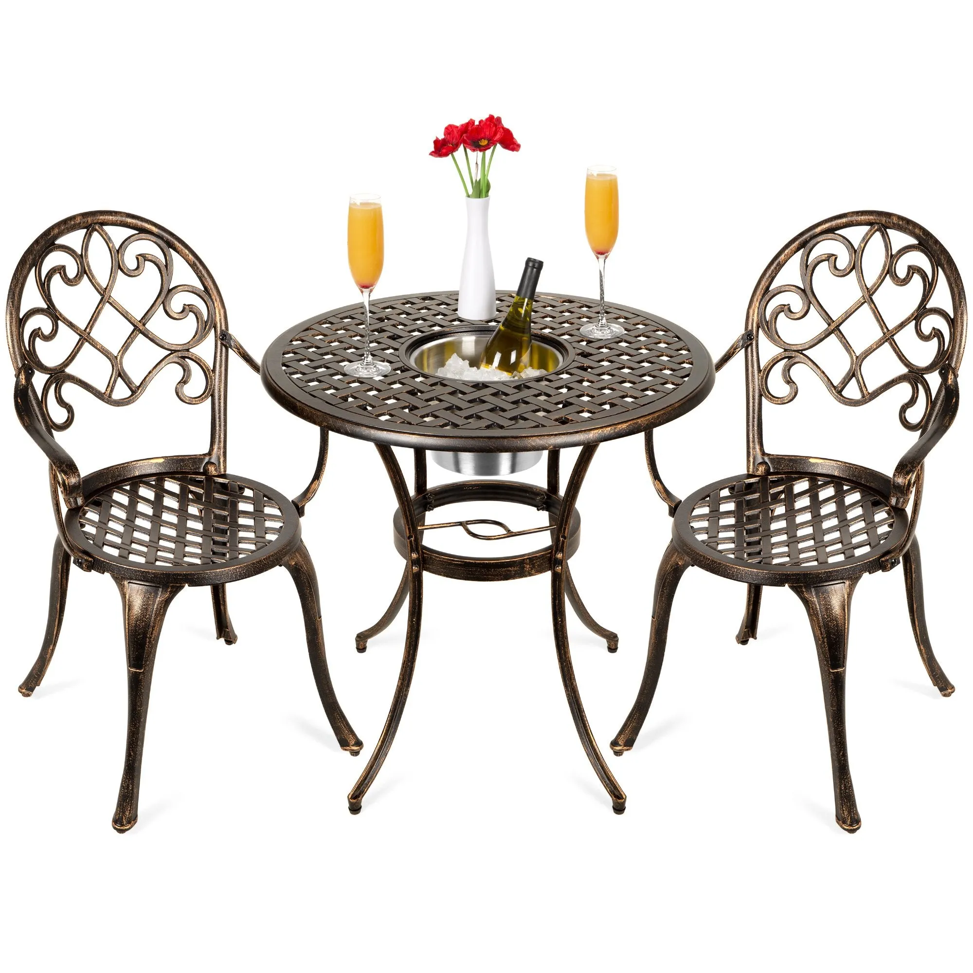 Cast Aluminum Patio Bistro Set w/ Ice Bucket, Chairs, Copper Finish