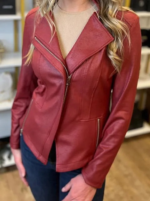 Classic Liquid "Leather" Knit Jacket in Ruby by Clara Sun Woo