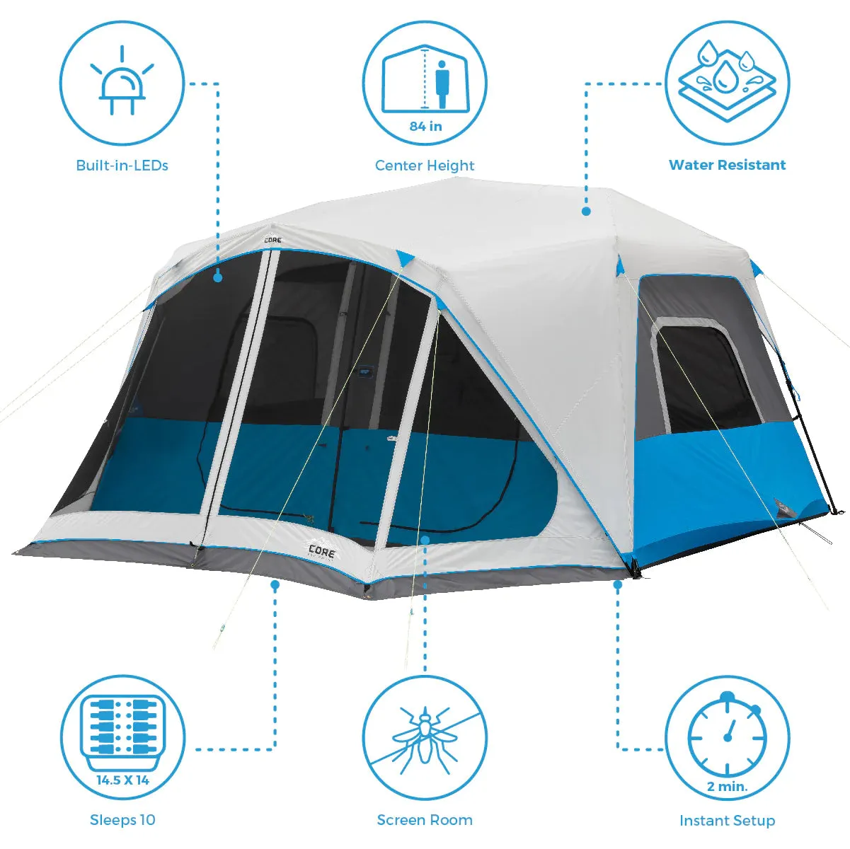 CORE 10 Person Lighted Instant Tent with Screen Room 14' x 10'