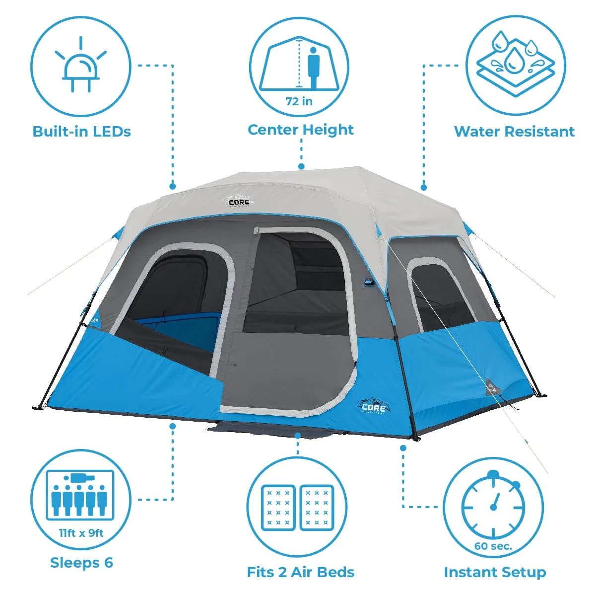 CORE 6 Person Lighted Instant Cabin Tent 11’ x 9’