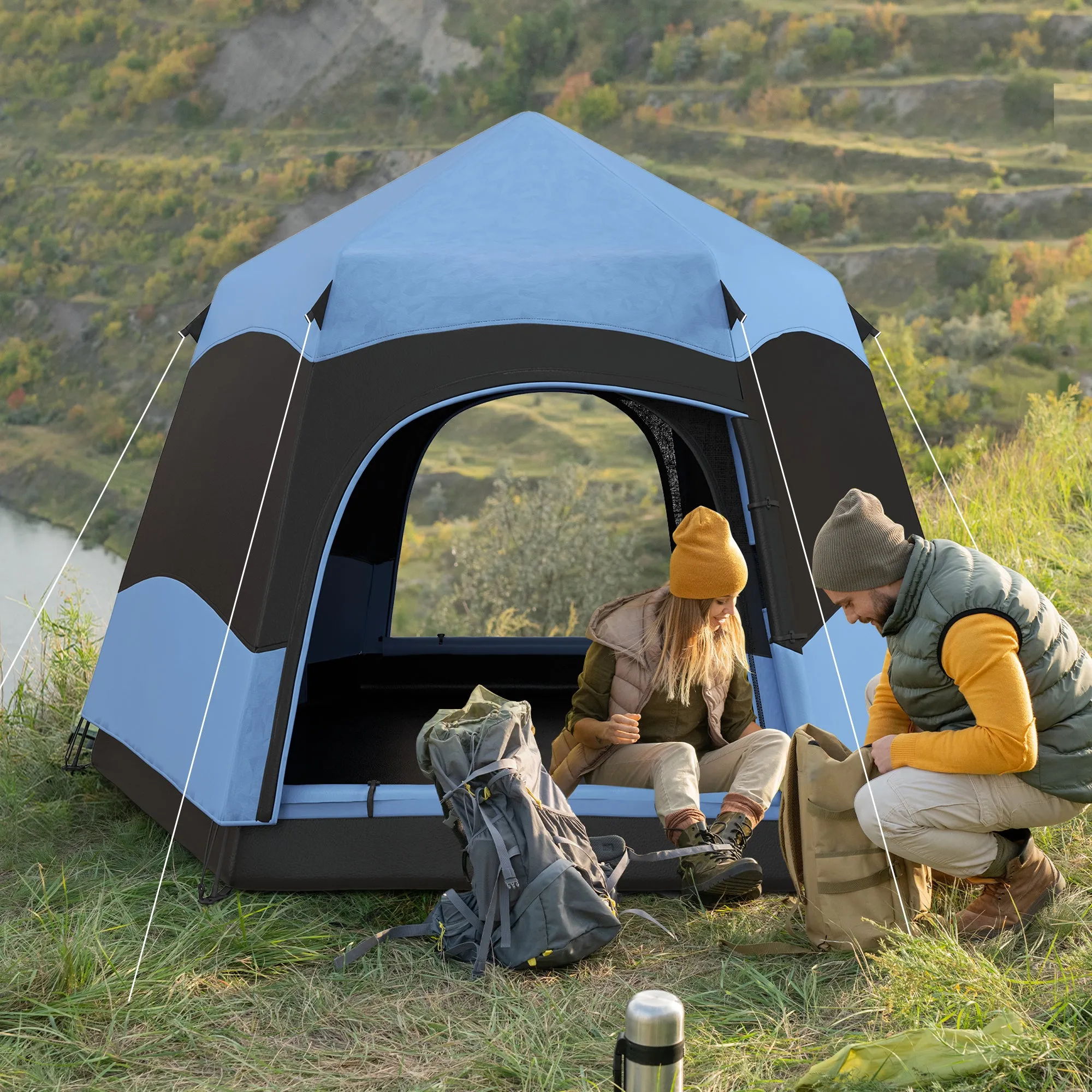 Double Layer Dome Tent w/ Rainfly and Welded Floor, 4 Man Hexagon Pop Up Tent, Portable Camping Shelter w/ Hang Hook and Carry Bag