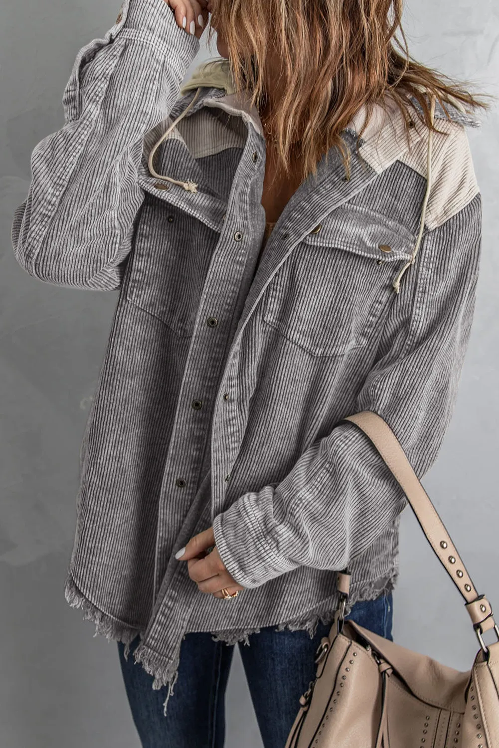 Gray Color Block Hooded Corduroy Jacket