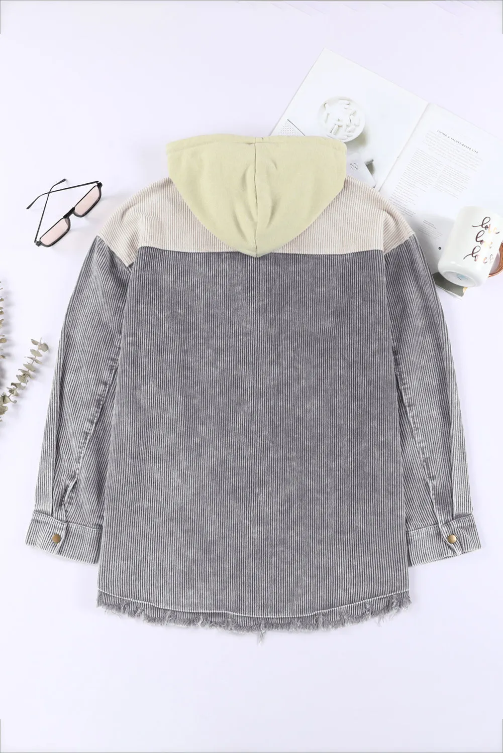 Gray Color Block Hooded Corduroy Jacket