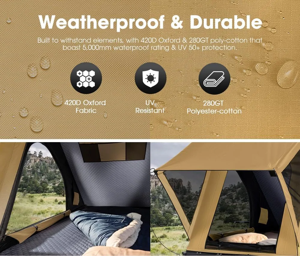 Hard Shell Rooftop Tent: Slim Aluminum Design with LED Light & Mattress for 2-3 People