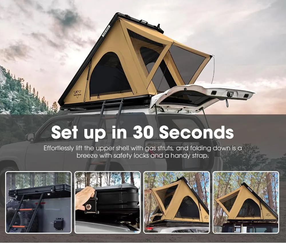 Hard Shell Rooftop Tent: Slim Aluminum Design with LED Light & Mattress for 2-3 People