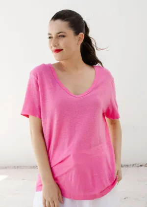 Linen V Neck Tee Bright Pink