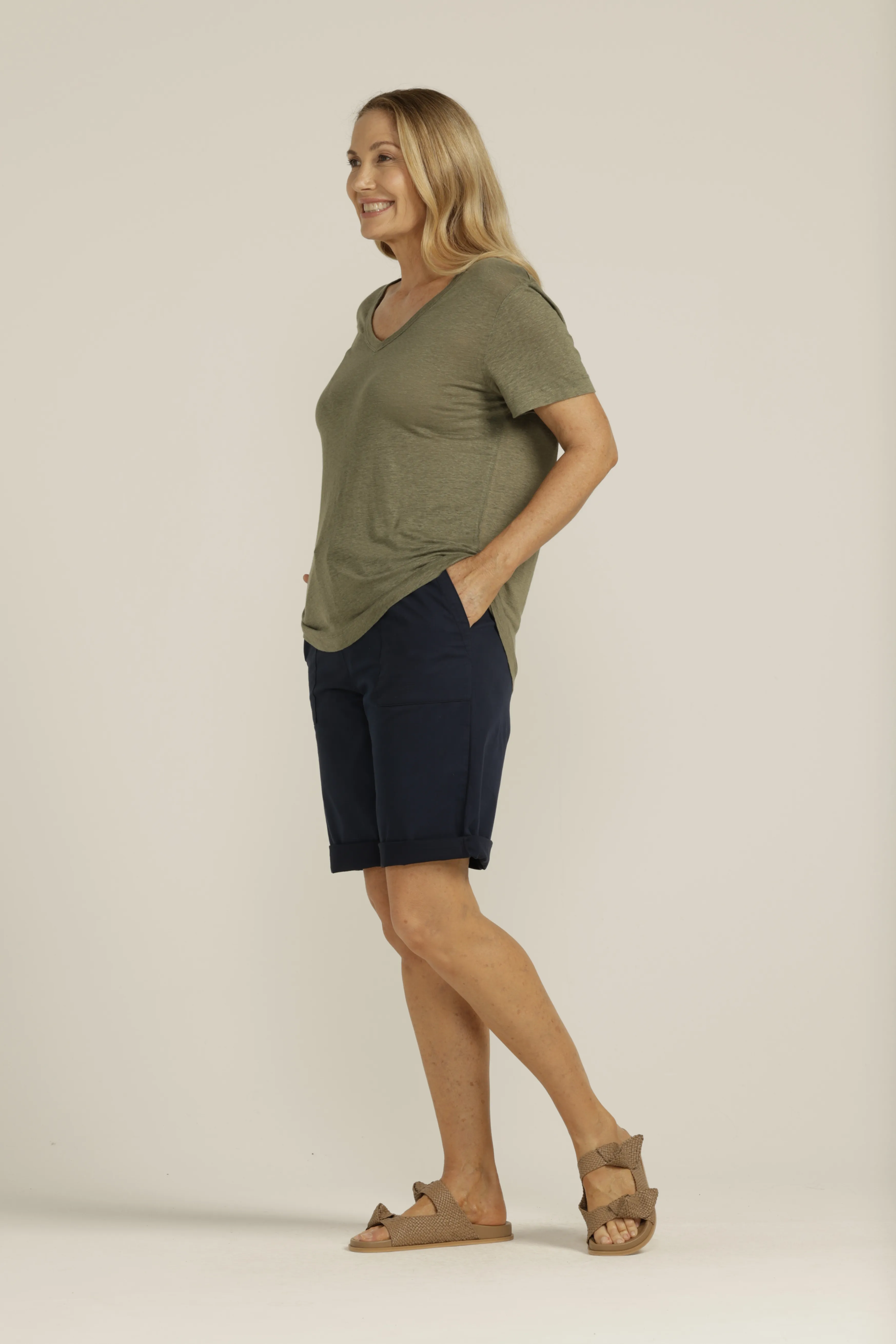 Linen V Neck Tee Khaki