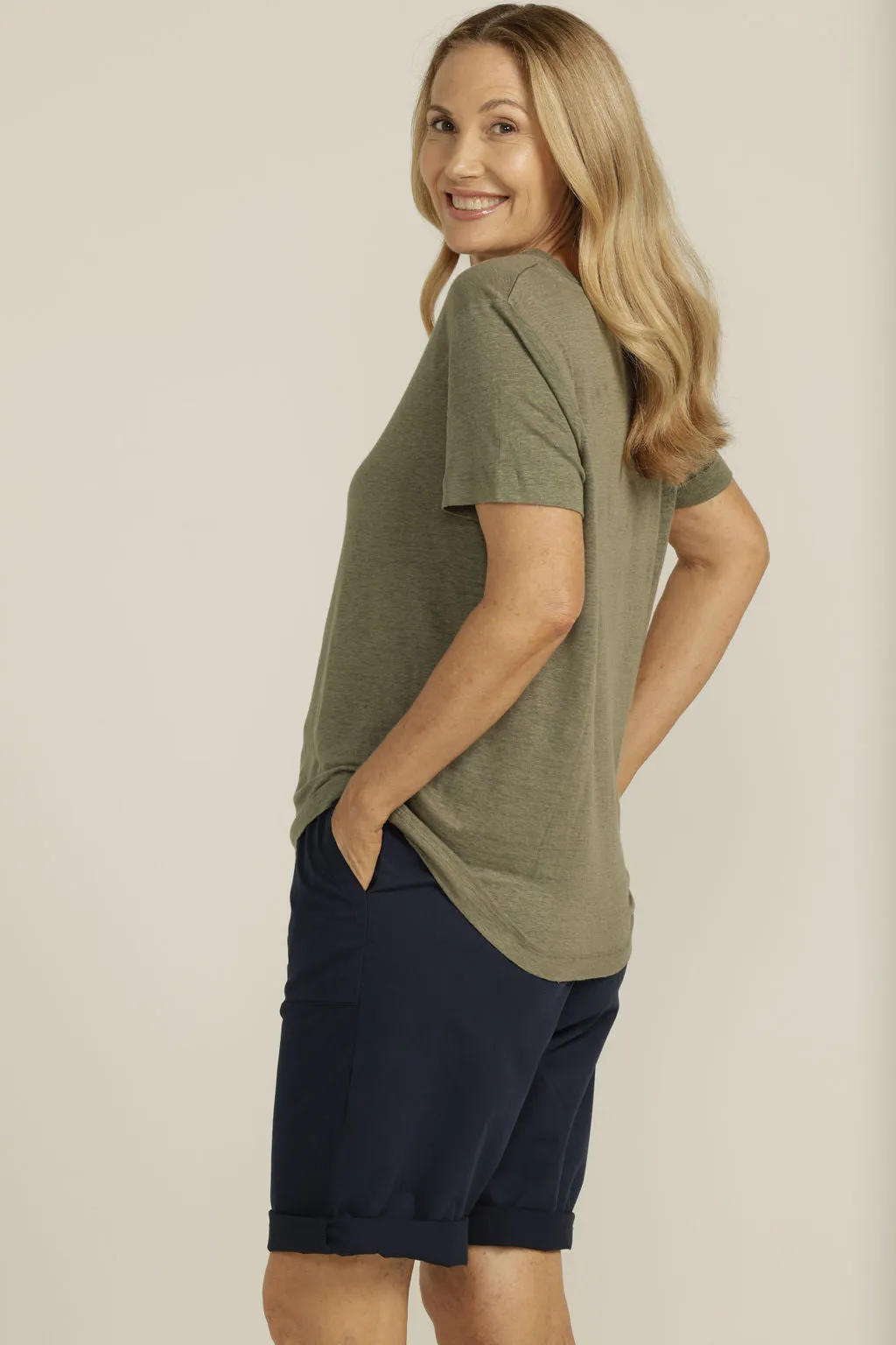 Linen V Neck Tee Khaki