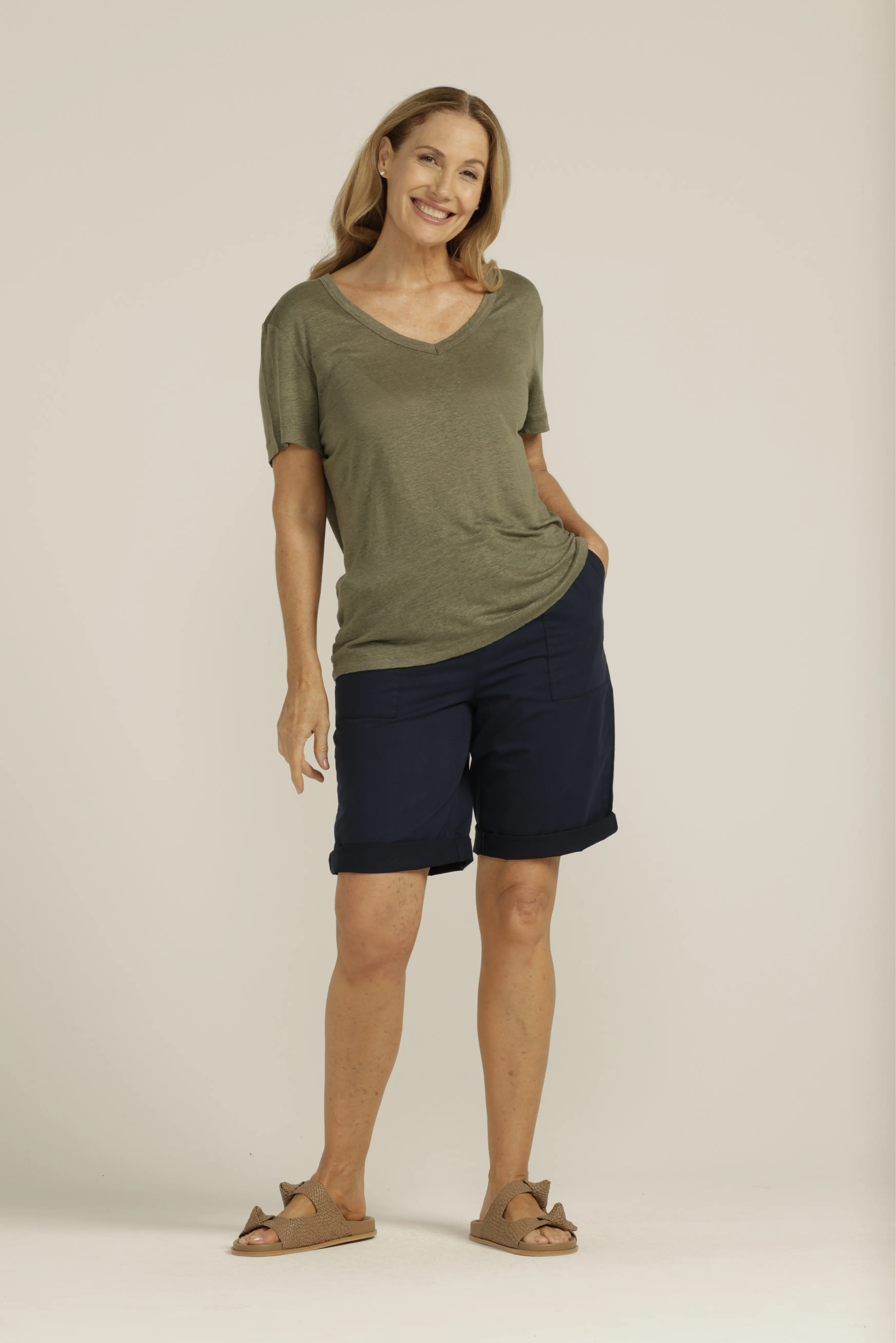 Linen V Neck Tee Khaki