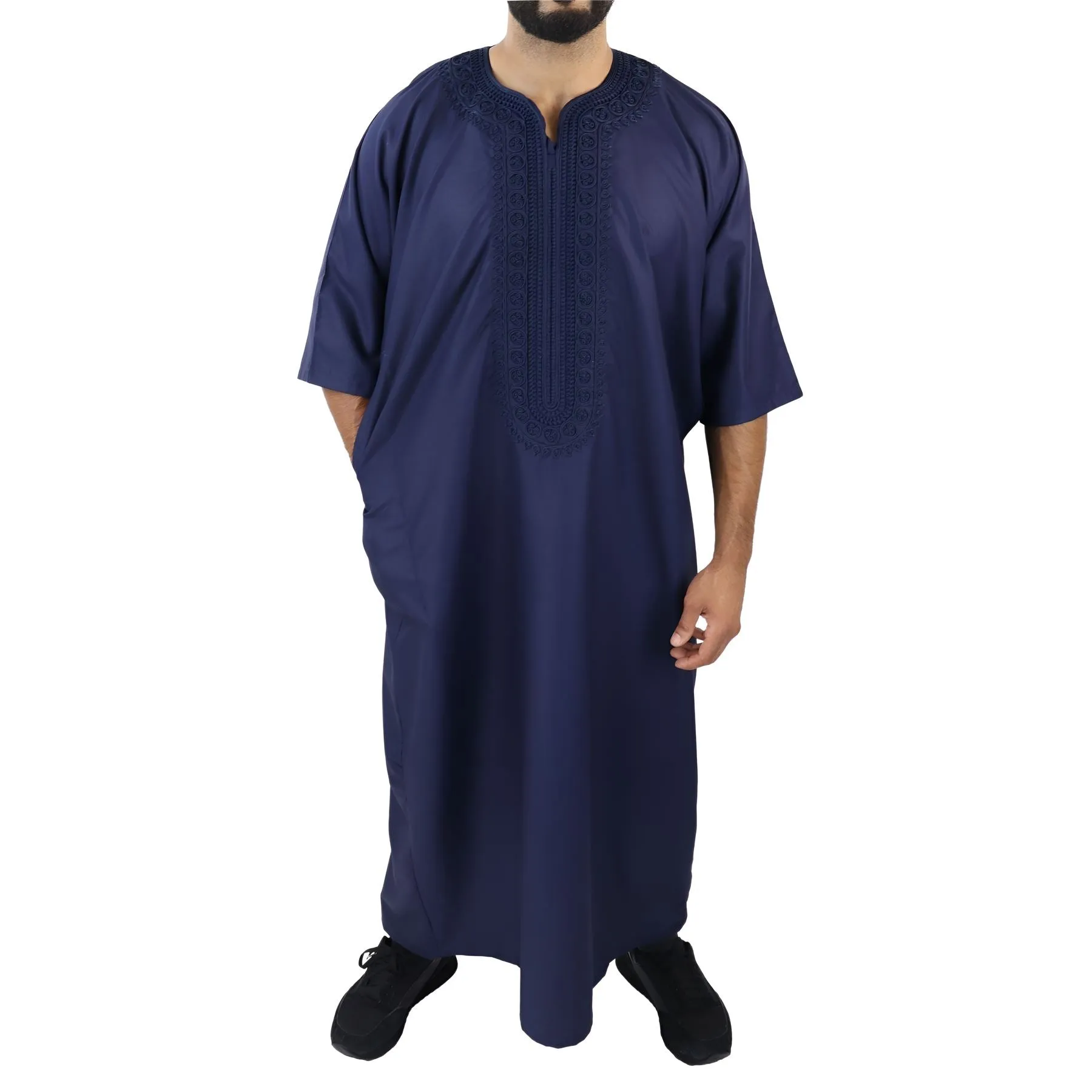 Mens Morrocan Thobe Jubba Islamic Clothing Kaftan Dubai Arabic Robe Half Short Sleeve