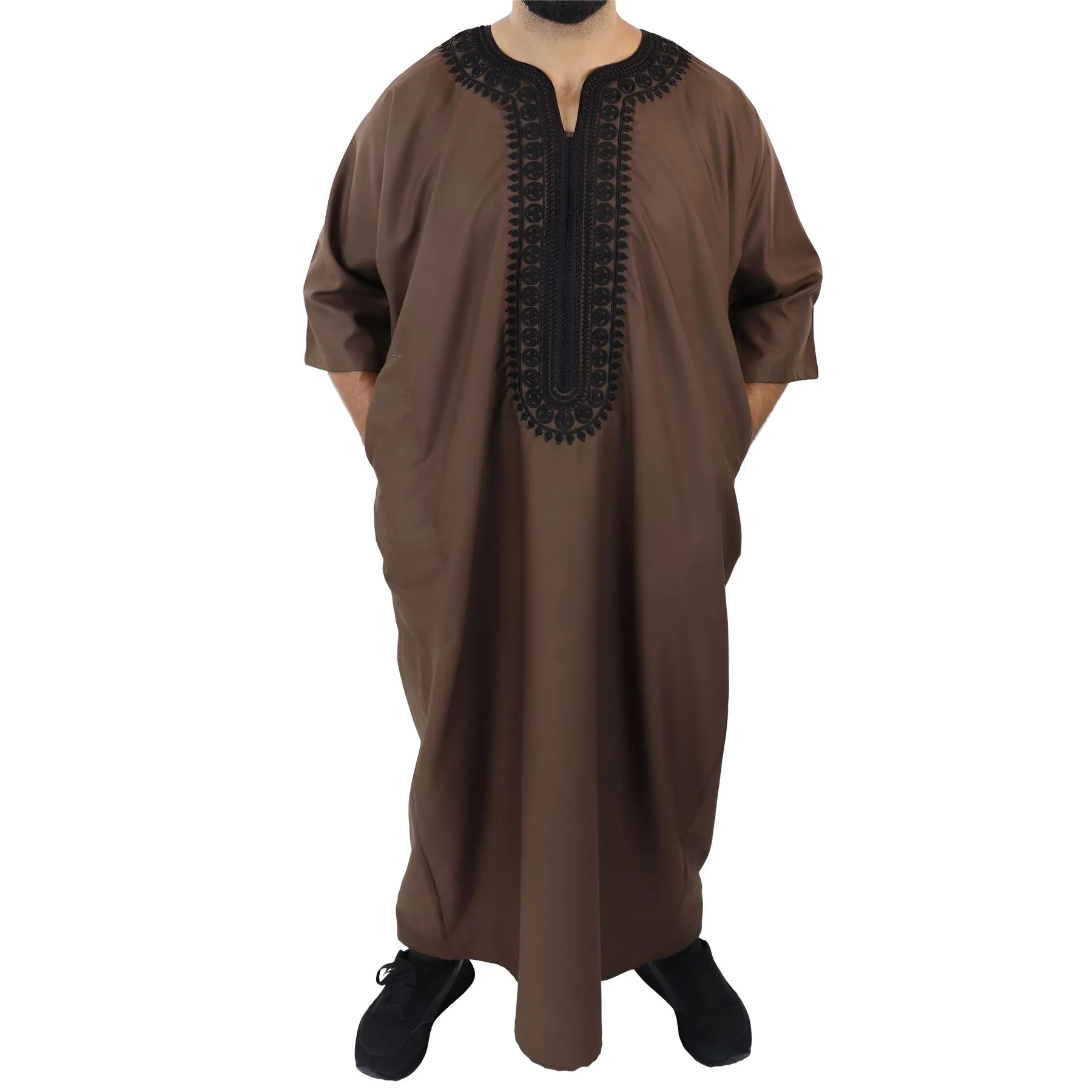 Mens Morrocan Thobe Jubba Islamic Clothing Kaftan Dubai Arabic Robe Half Short Sleeve