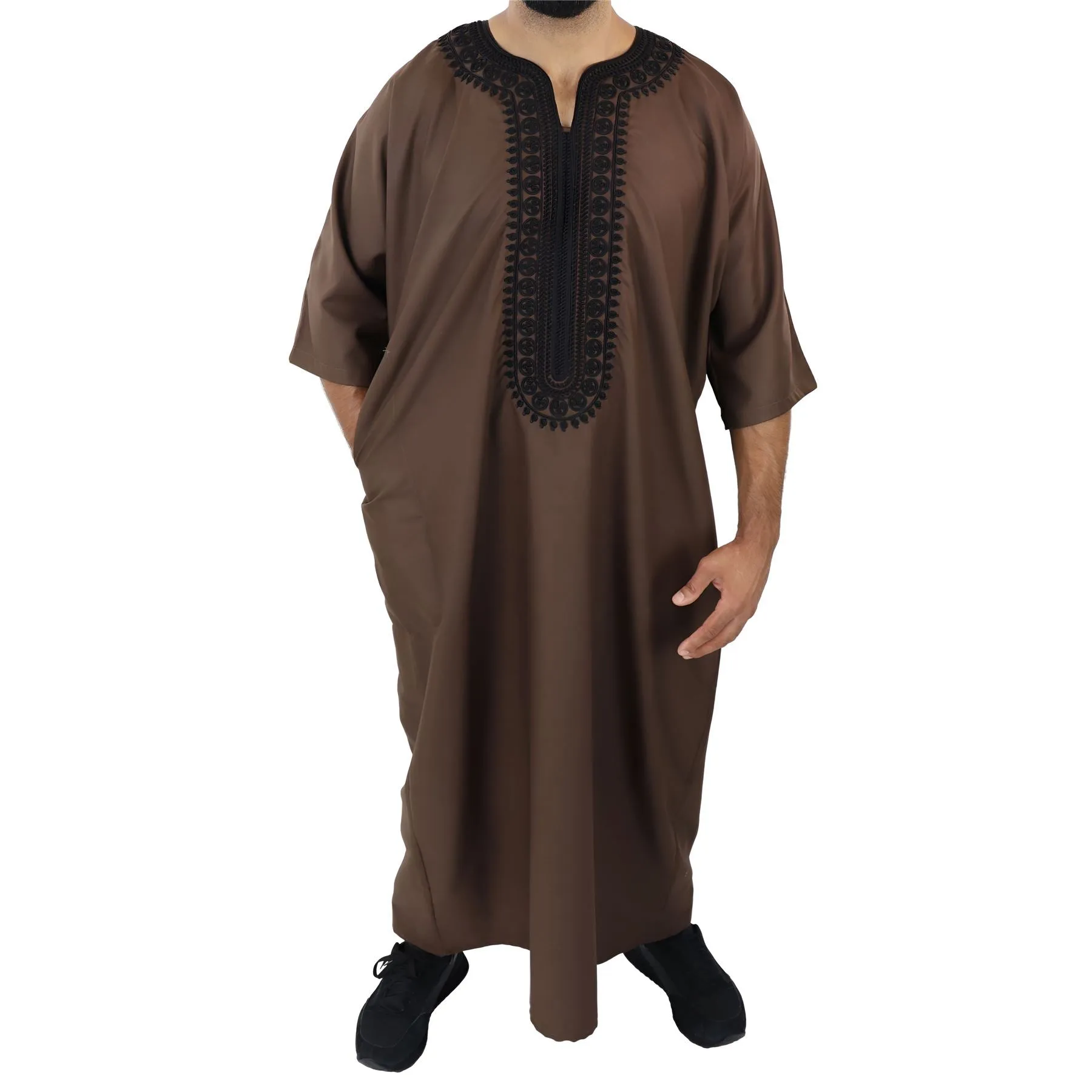 Mens Morrocan Thobe Jubba Islamic Clothing Kaftan Dubai Arabic Robe Half Short Sleeve