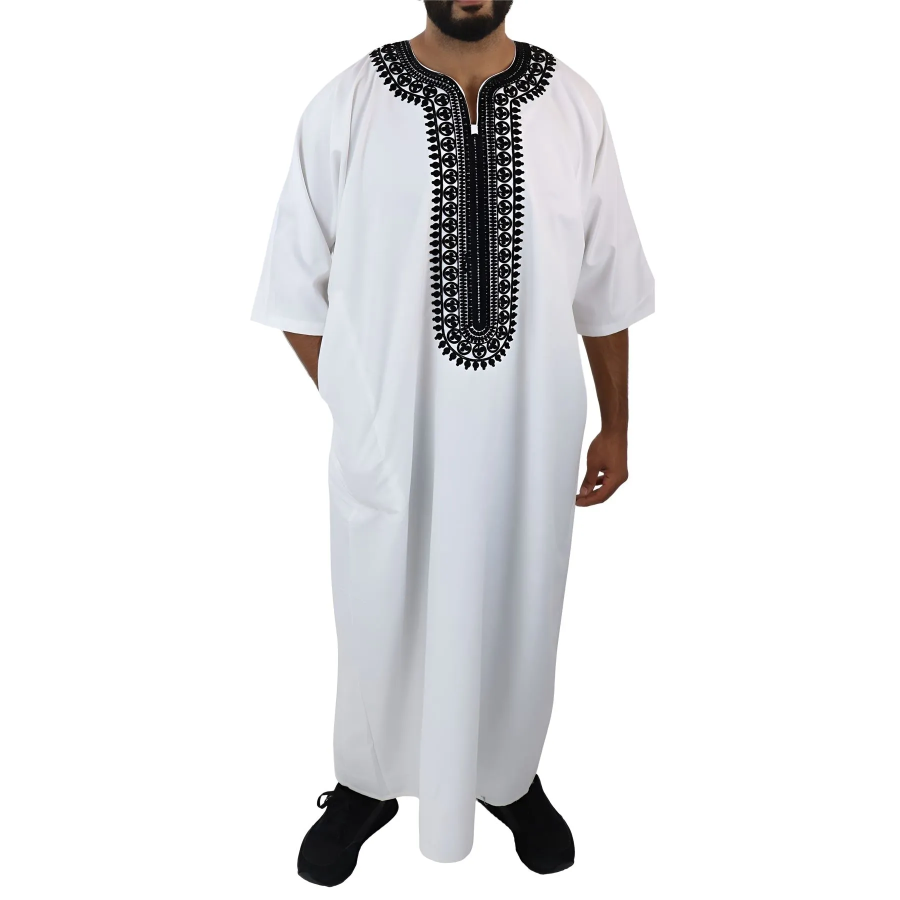 Mens Morrocan Thobe Jubba Islamic Clothing Kaftan Dubai Arabic Robe Half Short Sleeve