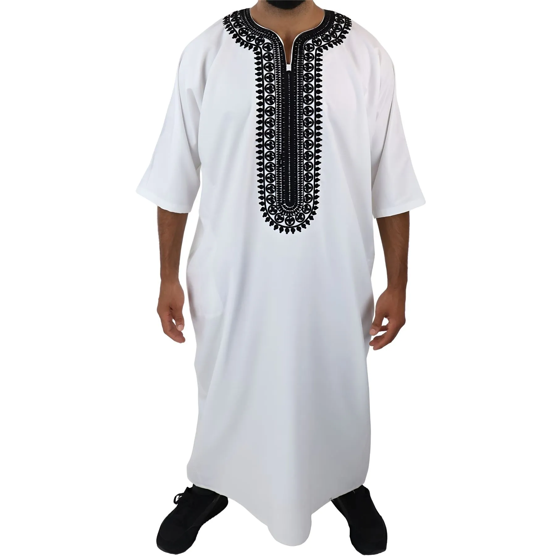 Mens Morrocan Thobe Jubba Islamic Clothing Kaftan Dubai Arabic Robe Half Short Sleeve