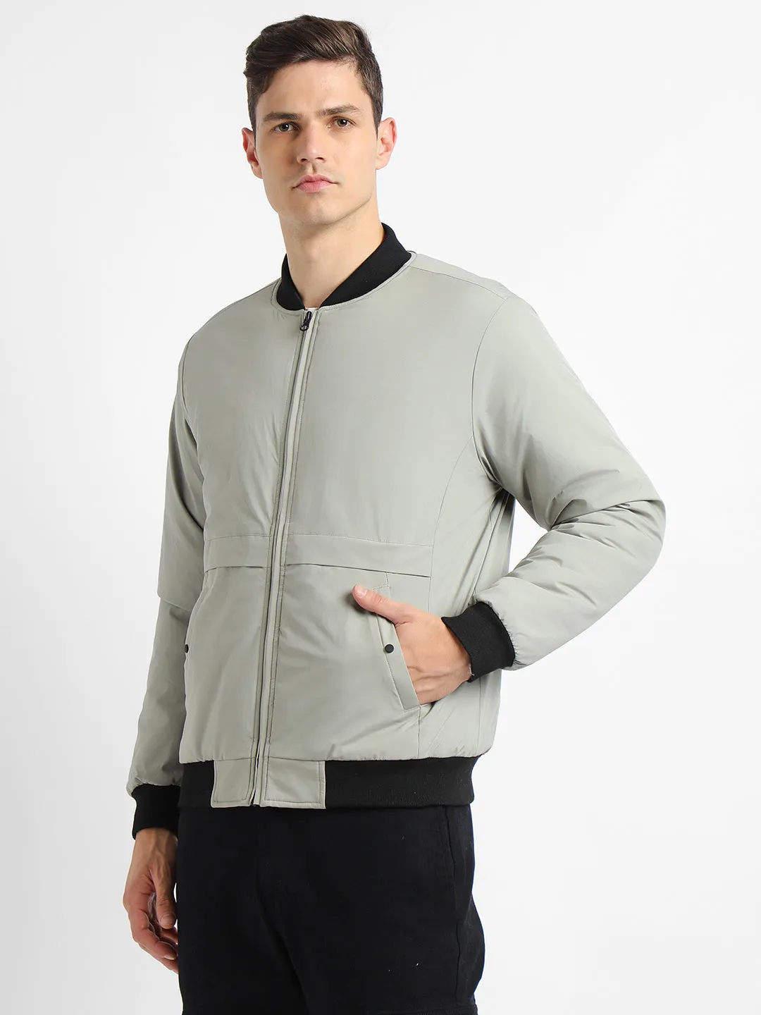 Men's Rib Neck Regular Fit Panelled Cement Jackets