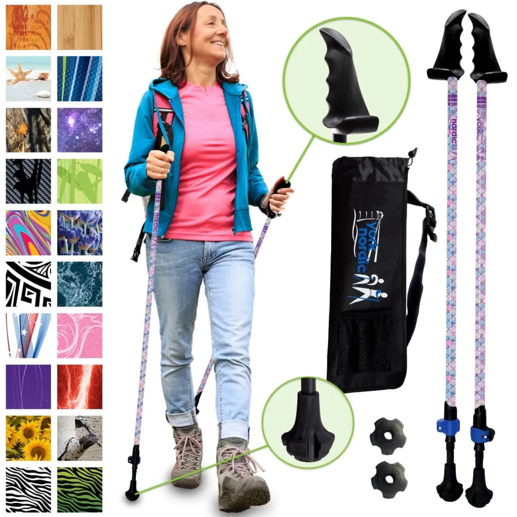 Mermaid Scales Hiking & Walking Poles w-flip locks, detachable feet and travel bag - pair - For Heights up to 6’2”