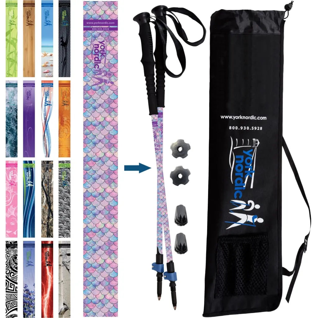 Mermaid Scales Hiking & Walking Poles w-flip locks, detachable feet and travel bag - pair - For Heights up to 6’2”