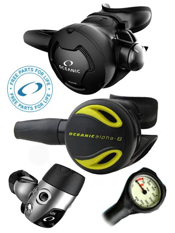 Oceanic Regulator Set: Alpha 10 / CDX (DIN or Yoke) / Alpha 8 Octopus & Free Termo Gauge