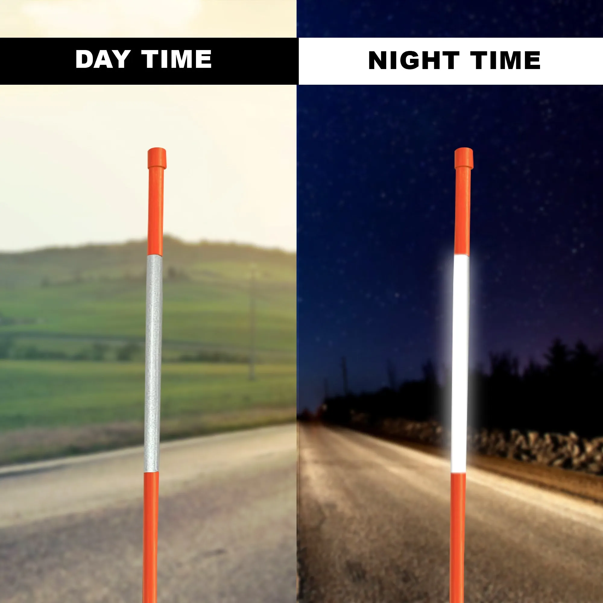 Oskar 72" Reflective Fiberglass Driveway Markers, Orange and White, Flexible High-Visibility Snow Stakes, Easy to Install Poles for Hazards, Private Roads, Property Lines, Night, Snow Plow, Pack of 48