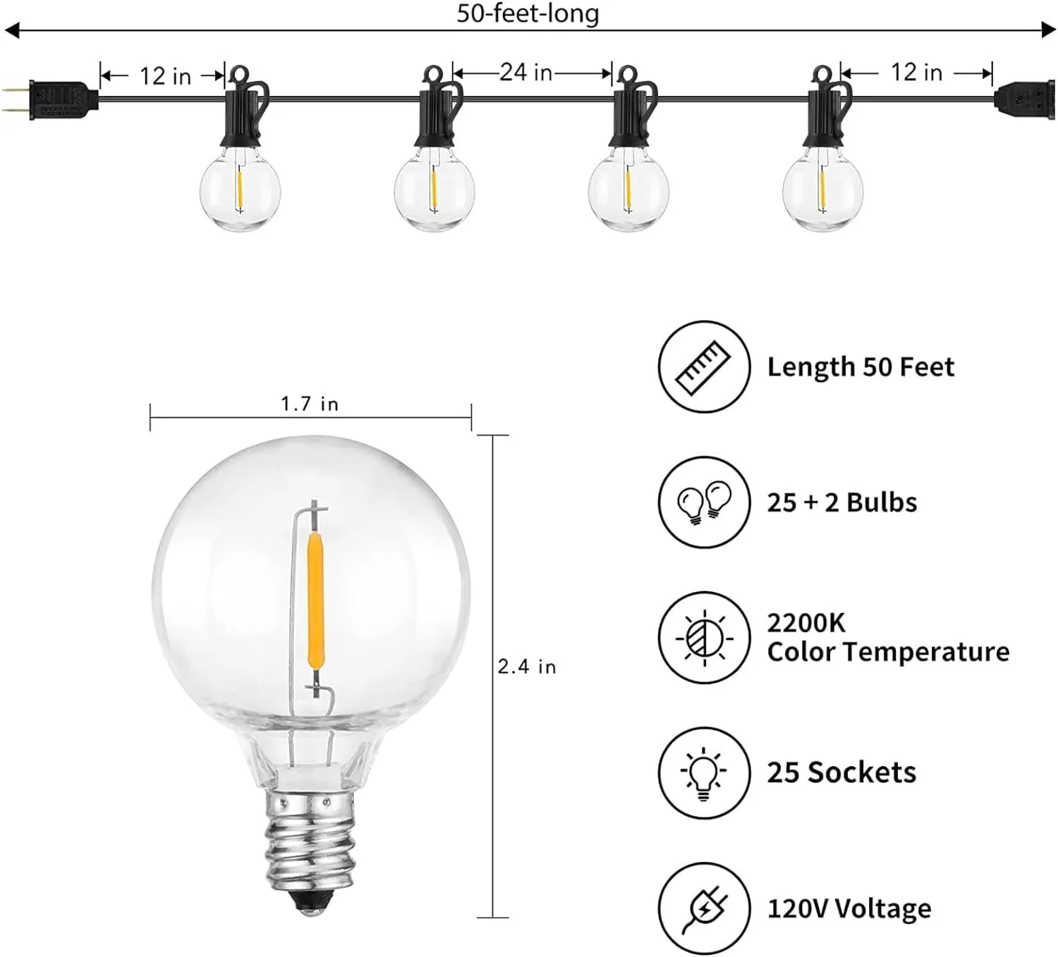 Outdoor String Lights - Connectable Dimmable LED Patio String Lights with G40 Globe Plastic Bulbs, All Weatherproof Hanging Lights for outside Backyard Porch (50 Ft - 25 LED Bulbs)