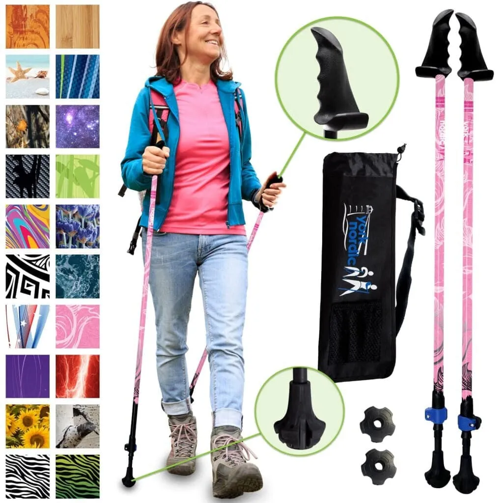 Pink Cure Series Hiking - Trekking - Walking Poles - 2 pack w-flip locks, detachable feet and travel bag - For Heights up to 6’2”